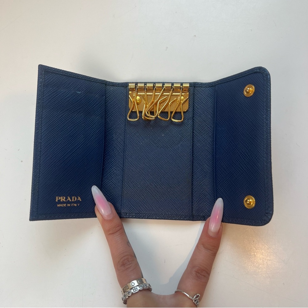 Prada Navy Blue & Gold Ribbon Bow Logo Small Wallet Key Case Holder Cardholder - Picture 9 of 12